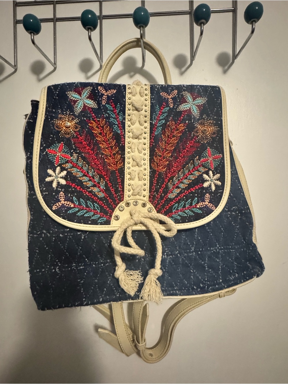Montana West Navy Embroidered Backpack with Cream Trim and Multicolor Embroidery
